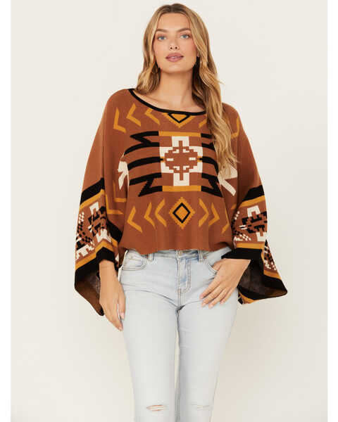 Cotton & Rye Women's Southwestern Print Poncho Sweater, Brown, hi-res