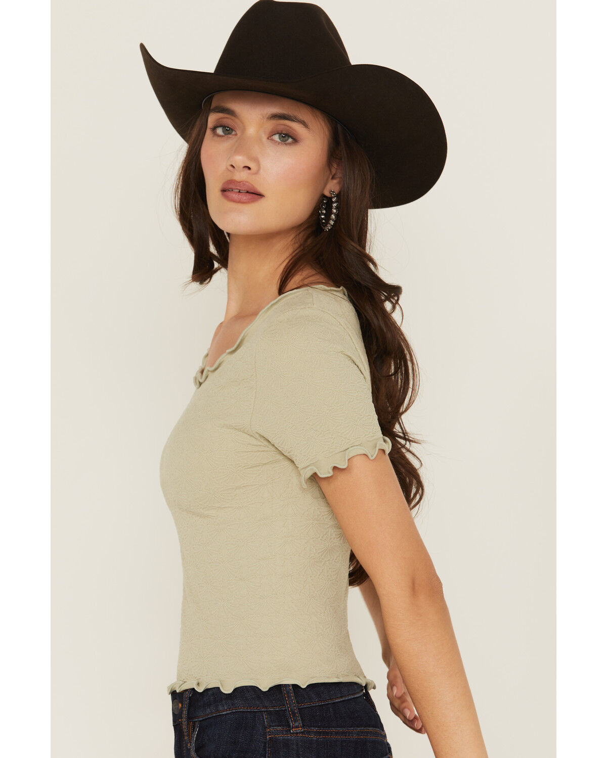 Image #2 - Fornia Women's Jacquard Lettuce Edge Top, Green, hi-res