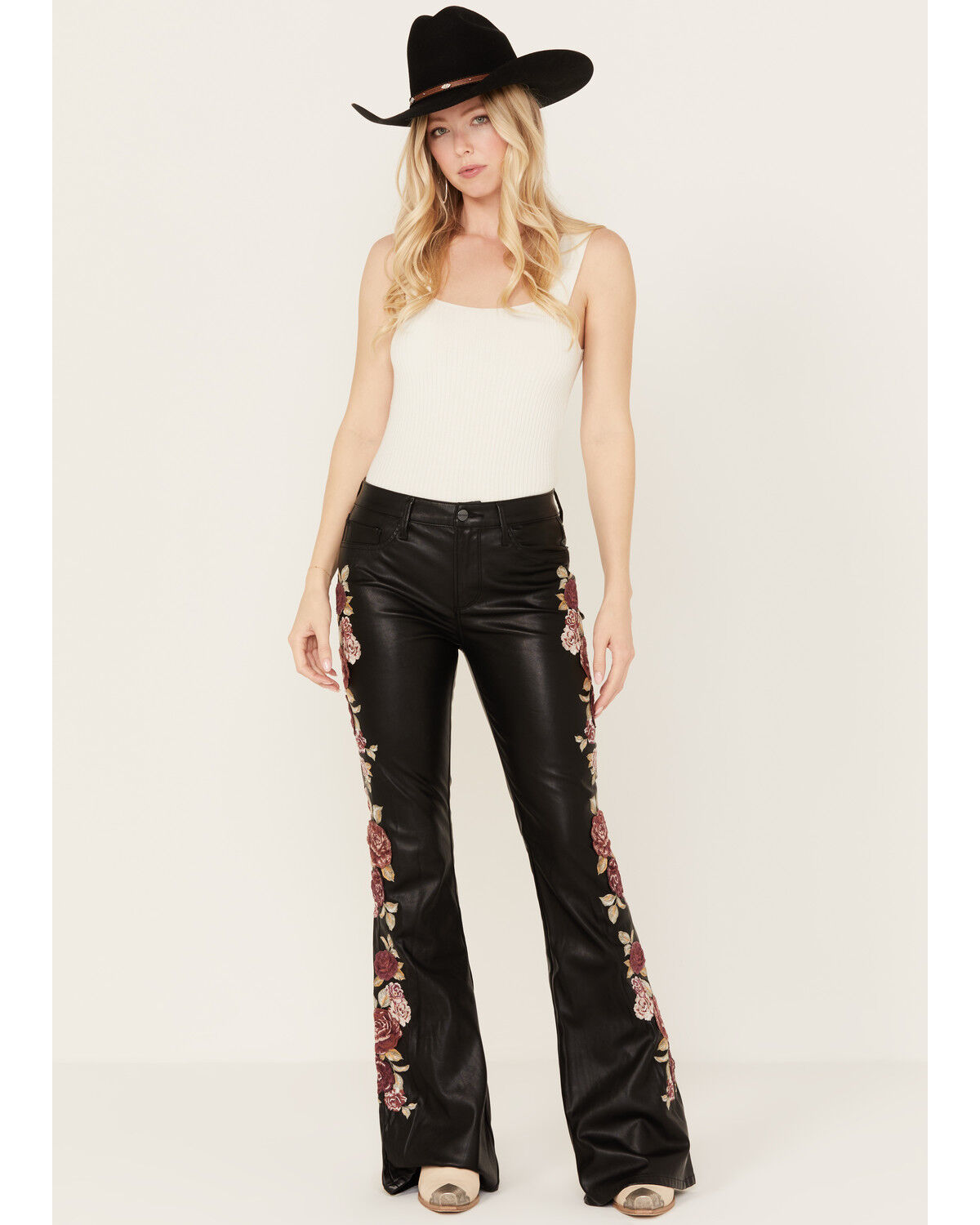 Image #1 - Driftwood Women's High Rise Vegan Leather Fallen Roses Flare Pants, Black, hi-res