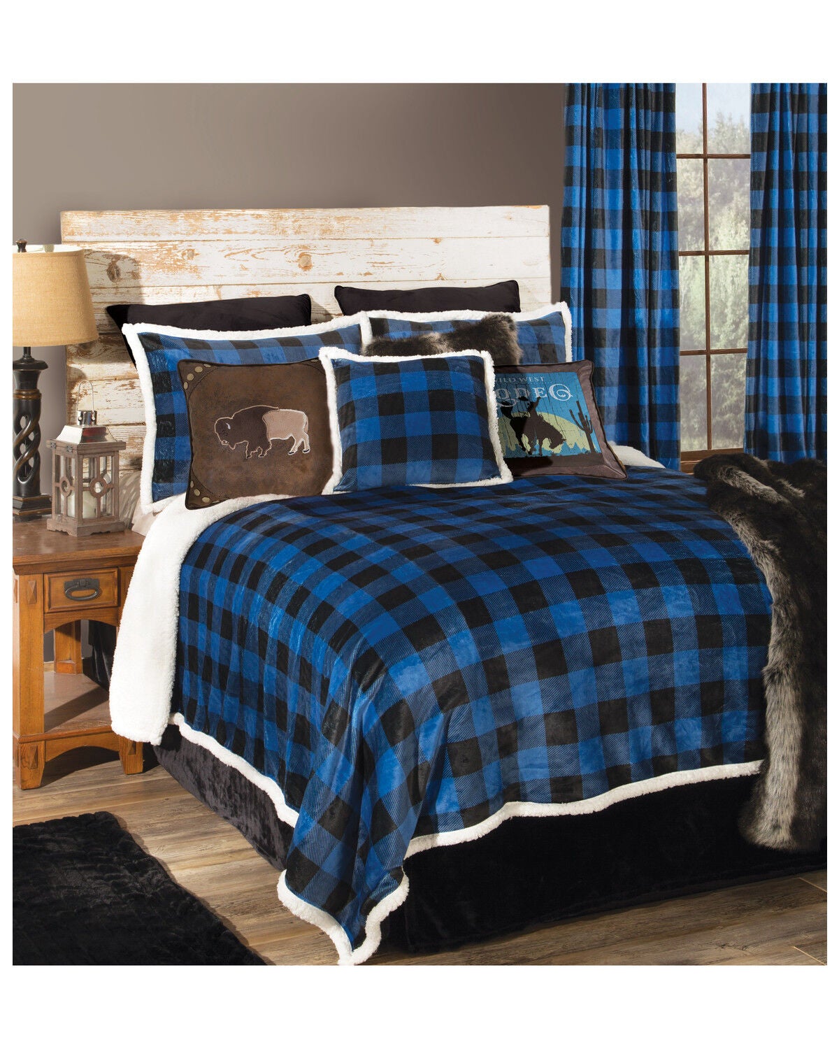 Image #1 - Carstens Home Wrangler Lumberjack Buffalo Plaid Sherpa Fleece Queen Bedding Set - 4 Piece, Blue, hi-res