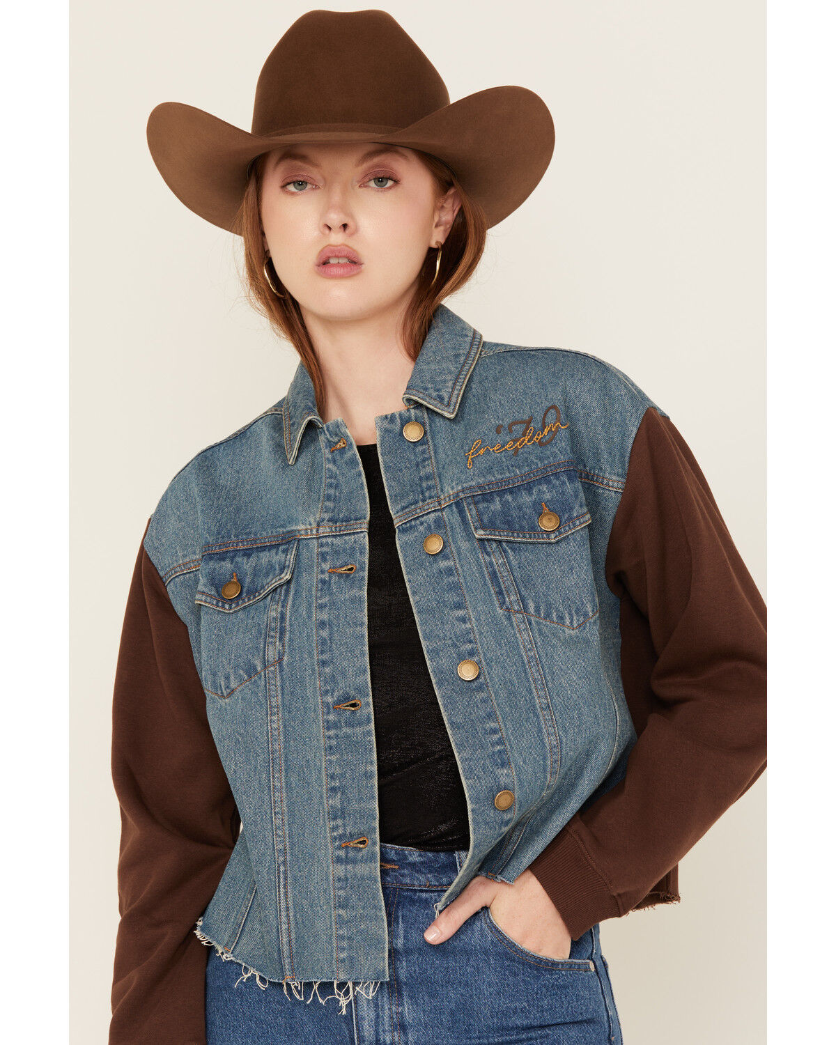 Image #2 - Cleo + Wolf Women's Mixed Material Graphic Jacket, Brown, hi-res
