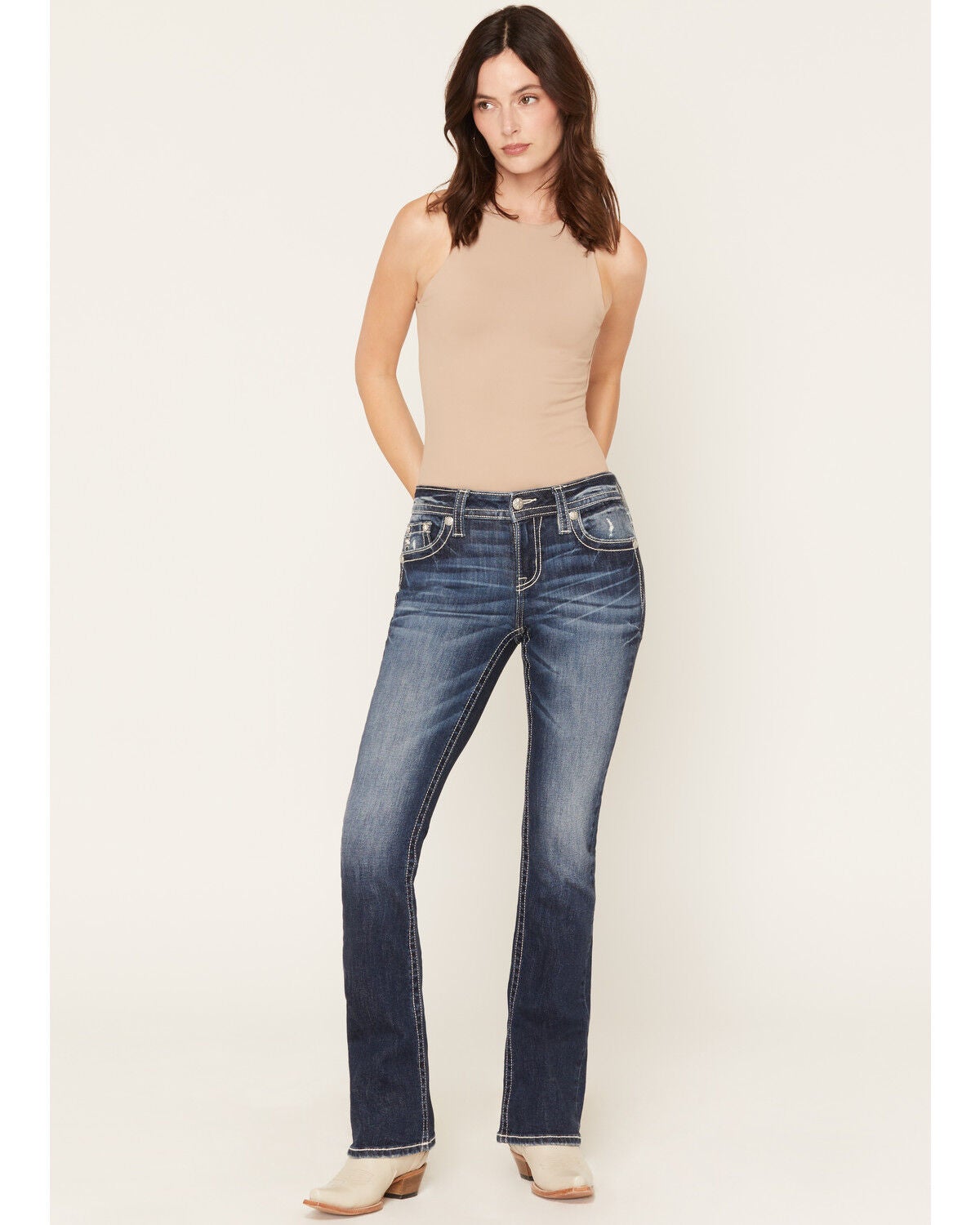 Image #3 - Miss Me Women's Dark Wash Mid Rise Winged Pocket 32" Bootcut Stretch Denim Jeans, Dark Wash, hi-res