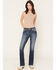 Image #3 - Miss Me Women's Dark Wash Mid Rise Winged Pocket 32" Bootcut Stretch Denim Jeans, Dark Wash, hi-res