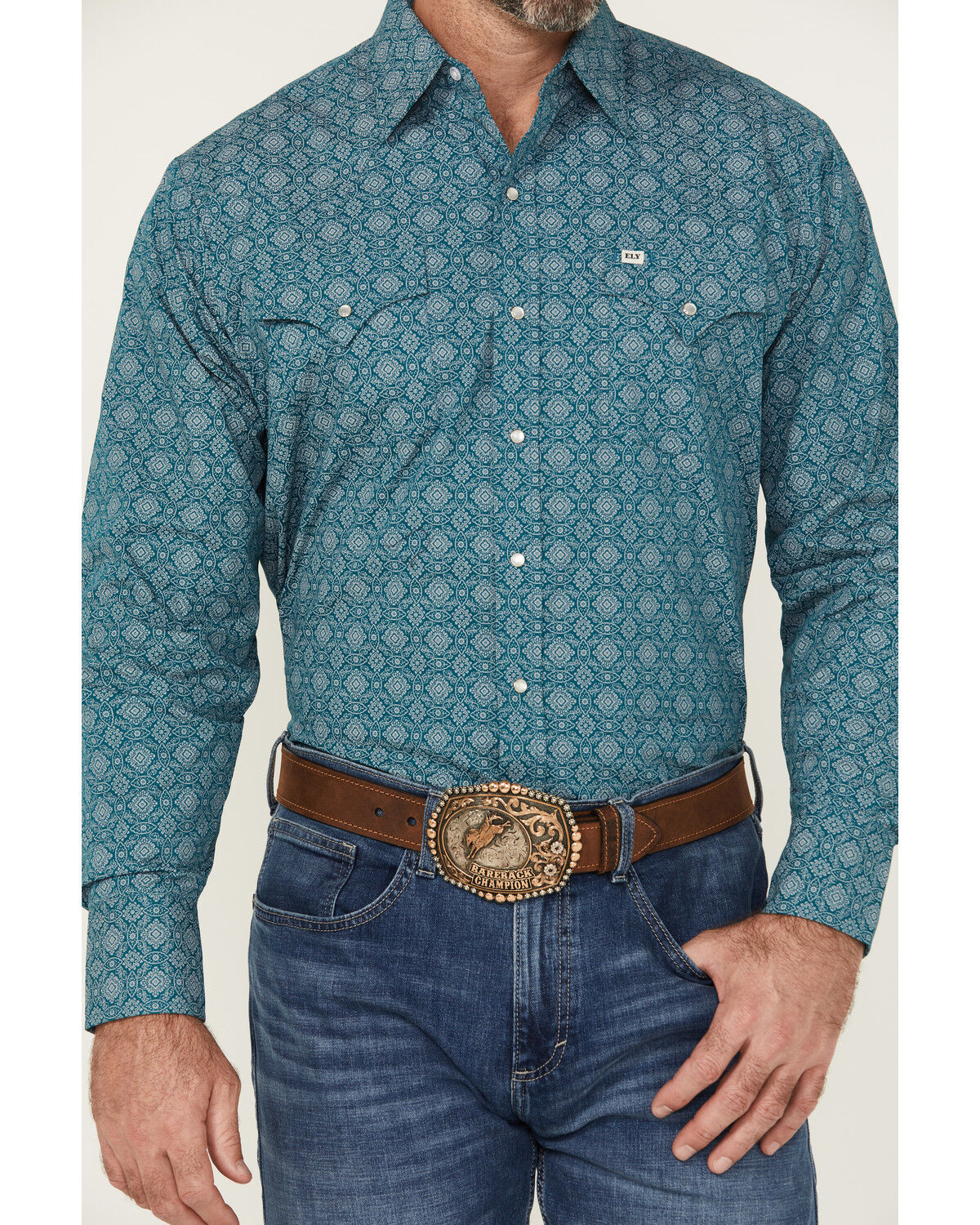 Image #3 - Ely Walker Men's Medallion Print Long Sleeve Pearl Snap Western Shirt, Teal, hi-res