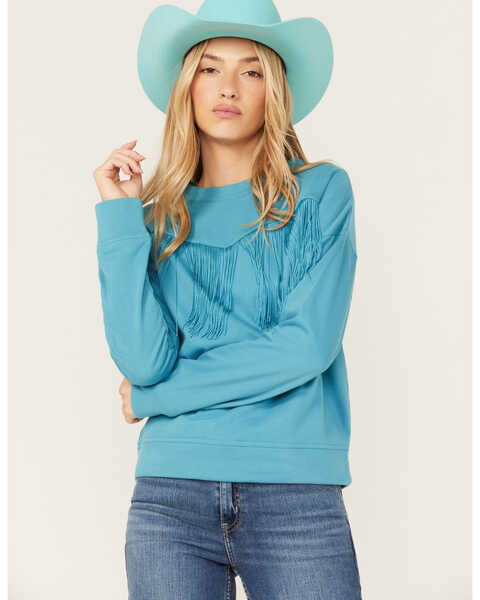Roper Women's Fringe Fleece Pullover , Turquoise, hi-res
