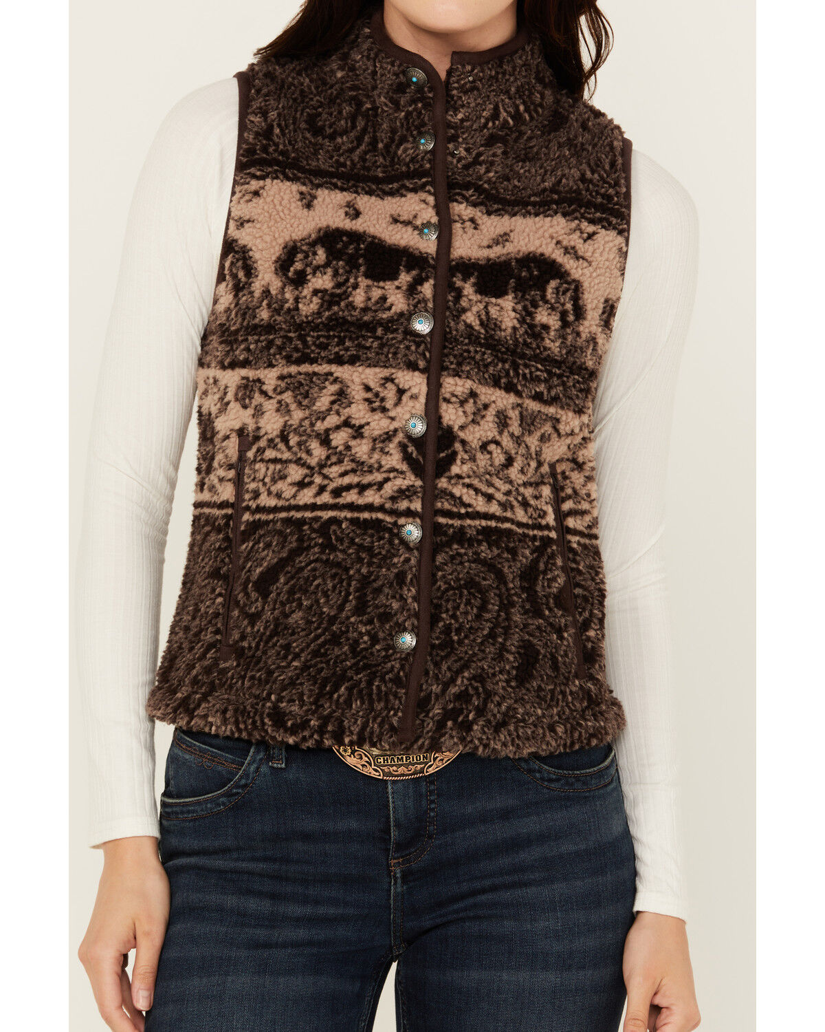 Image #3 - Shyanne Women's Buffalo Print Snap Sherpa Vest, Chocolate, hi-res