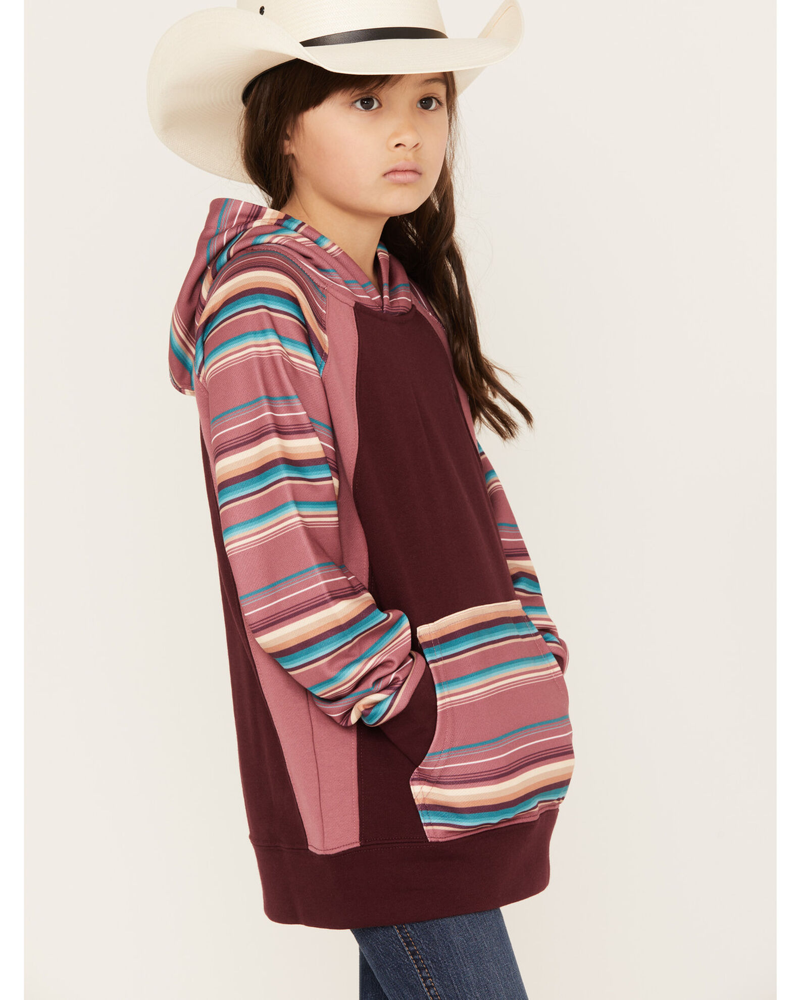 Image #2 - Hooey Girls' Savannah Serape Stripe Print Hoodie, Maroon, hi-res