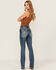 Image #1 - Grace in LA Women's Medium Wash Mid Rise Cow Skull and Horseshoe Pocket Bootcut Denim Jeans, , hi-res