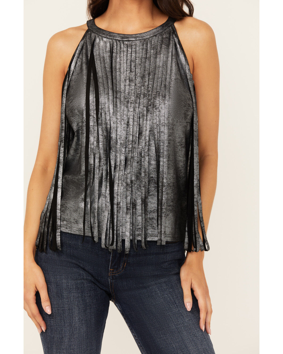 Image #3 - Idyllwind Women's Prescott Foiled Faux Suede Fringe Tank, Black, hi-res
