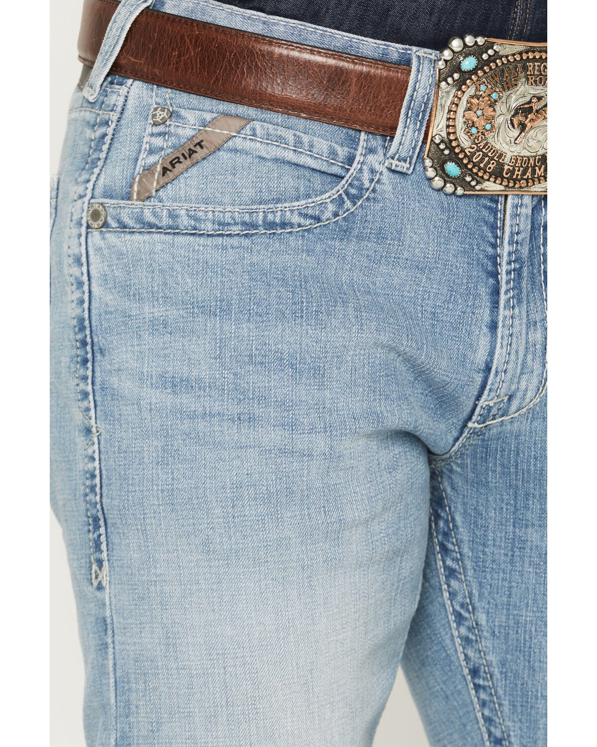 Image #2 - Ariat Men's M5 Roy Normal Light Wash Straight Leg Stretch Denim Jeans, Light Wash, hi-res