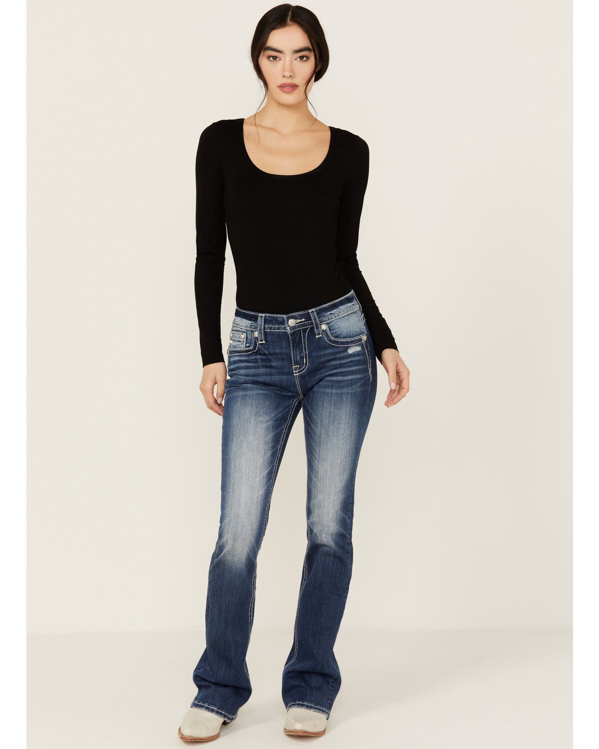 Image #3 - Miss Me Women's Medium Wash Dream Catcher Pocket Mid Rise Bootcut Stretch Denim Jeans, , hi-res