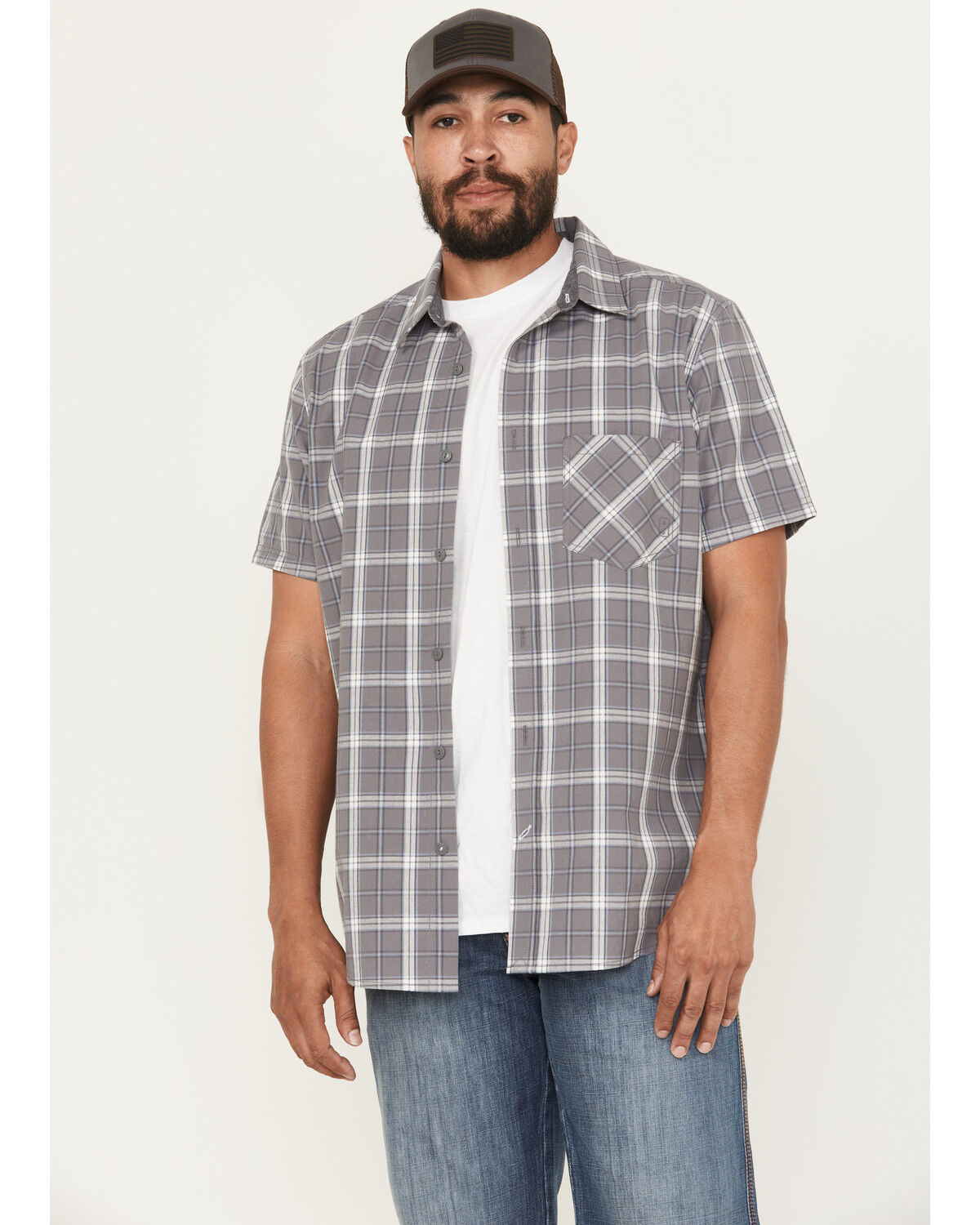 Image #1 - Brothers and Sons Men's Madera Plaid Print Short Sleeve Button-Down Western Shirt, Grey, hi-res