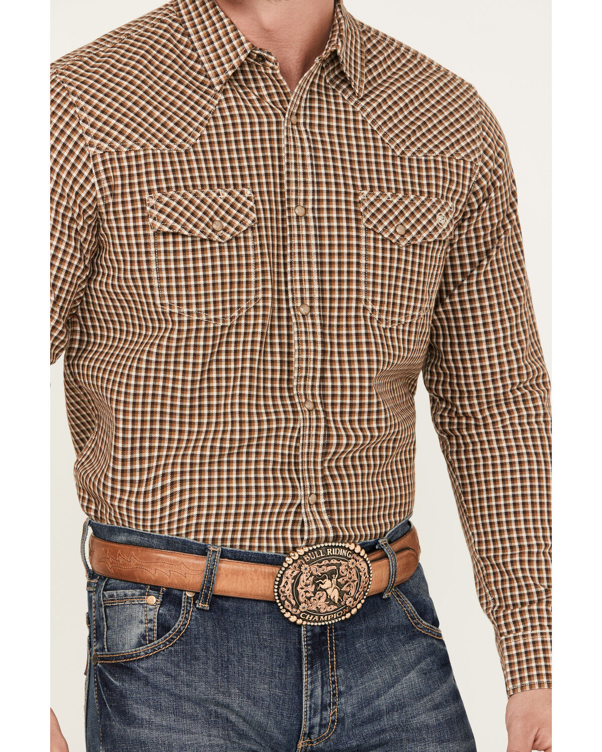 Image #3 - Blue Ranchwear Men's Dickens Plaid Print Long Sleeve Snap Shirt, Bronze, hi-res