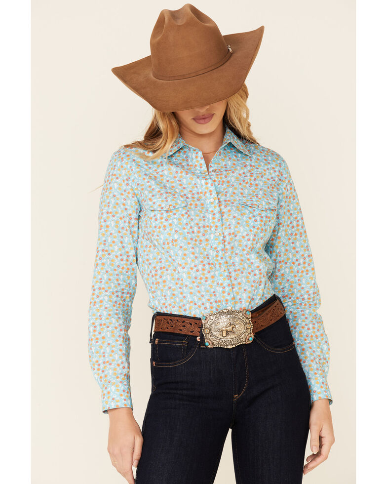 Panhandle Women's Teal Floral Print Long Sleeve Snap Western Core Shirt , Teal, hi-res