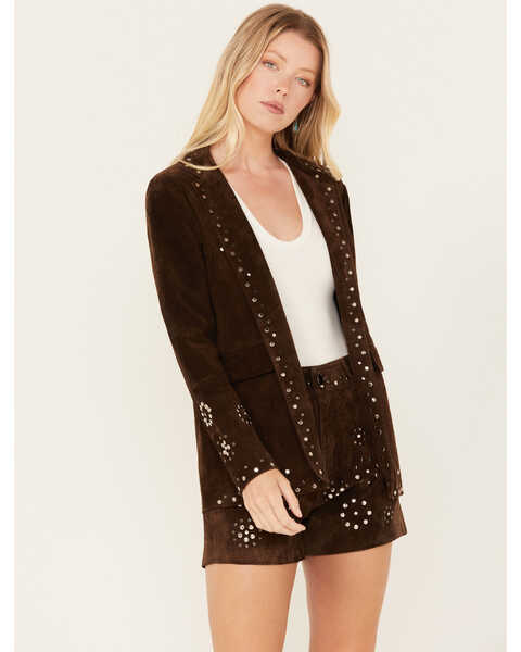 Driftwood Women's Suede Studded Jacket , Chocolate, hi-res