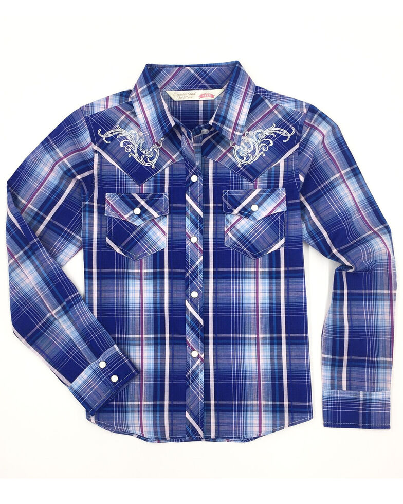 Cumberland Outfitters Girls Blue Plaid Embroidered Snap Long Sleeve Western Shirt Country Outfitter