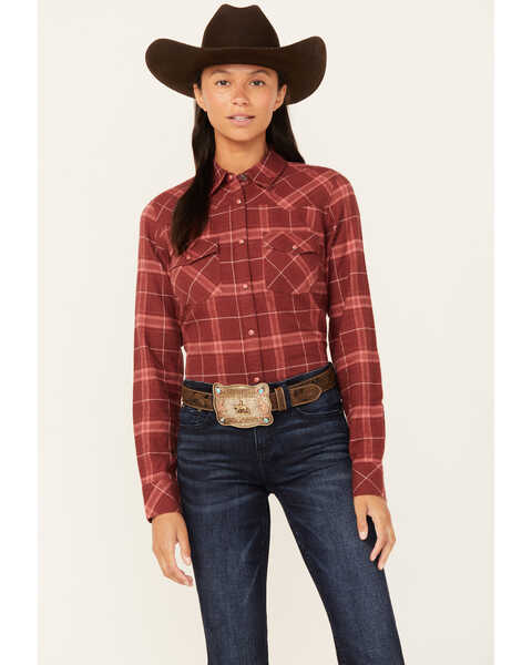 Shyanne Women's Willow Long Sleeve Snap Western Flannel Shirt , Dark Red, hi-res