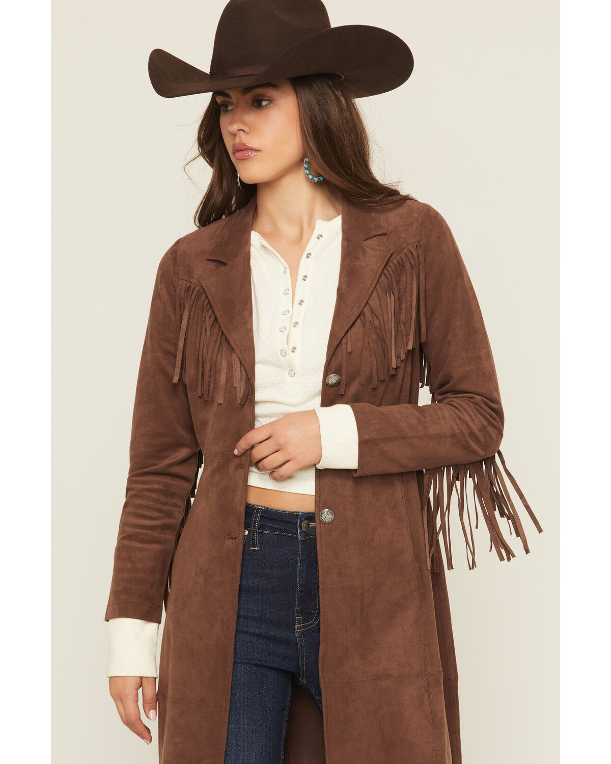 Image #3 - Shyanne Women's Faux Suede Fringe Trench Coat, Brown, hi-res
