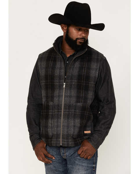 Powder River Outfitters Men's Large Plaid Print Wool Vest, Charcoal, hi-res