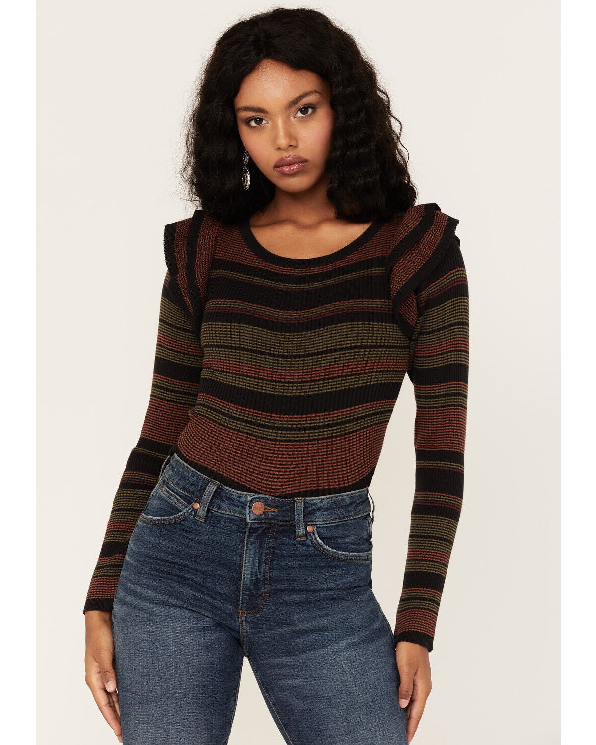 Shyanne Women's Stripe Ribbed Cropped Sweater, Black, hi-res