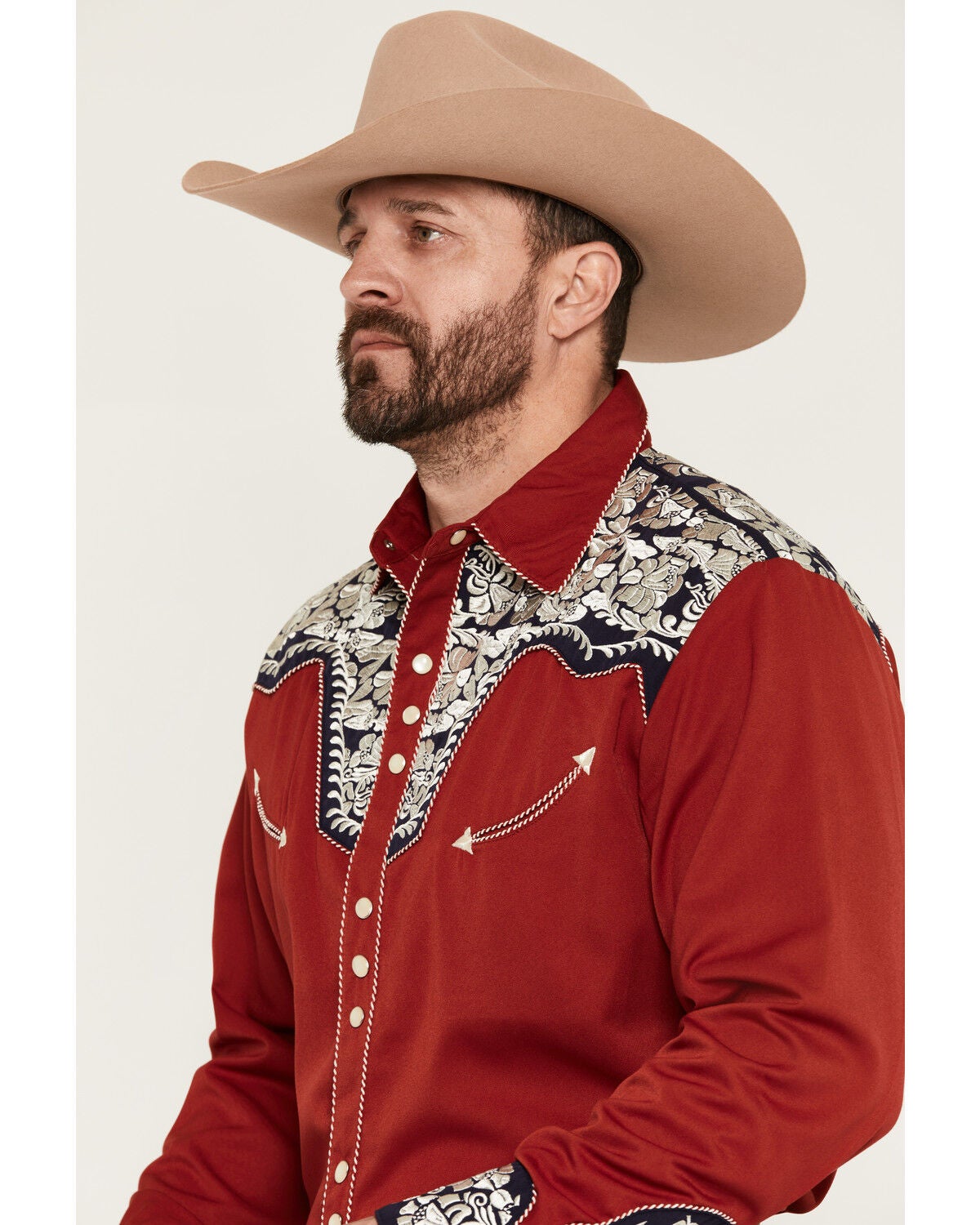 Image #2 - Scully Gunfighter Long Sleeve Pearl Snap Western Shirt, Red, hi-res