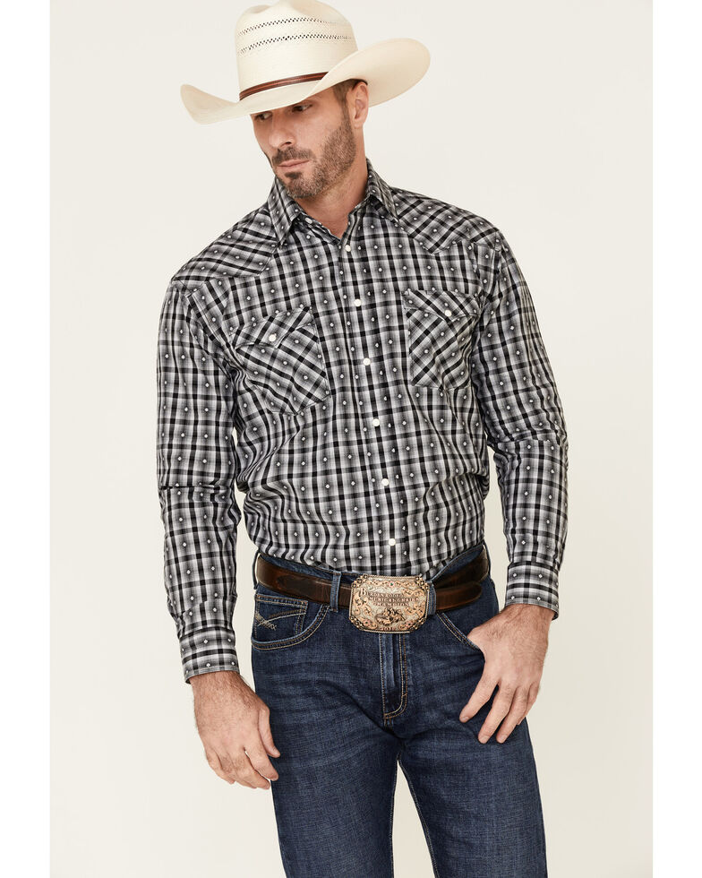 Rough Stock By Panhandle Men's Black Jacquard Plaid Long Sleeve Western Shirt , Black, hi-res
