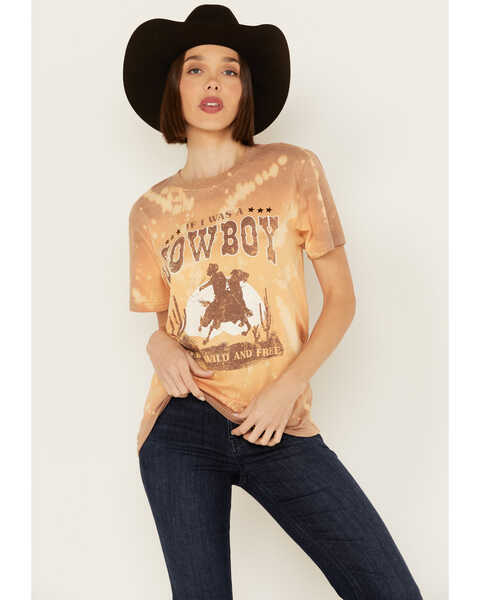 Youth in Revolt Women's Bleachwash Studded Cowboy Short Sleeve Graphic Tee, Brown, hi-res