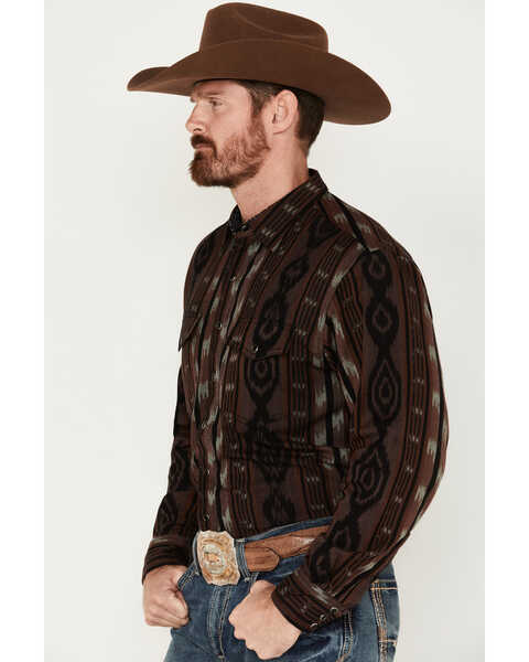 Image #2 - Scully Men's Jacquard Southwestern Stripe Long Sleeve Snap Shirt, Brown, hi-res