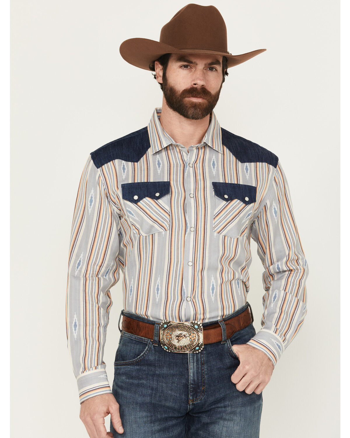Image #1 - Panhandle Men's Southwestern Striped Long Sleeve Snap Western Shirt, Natural, hi-res