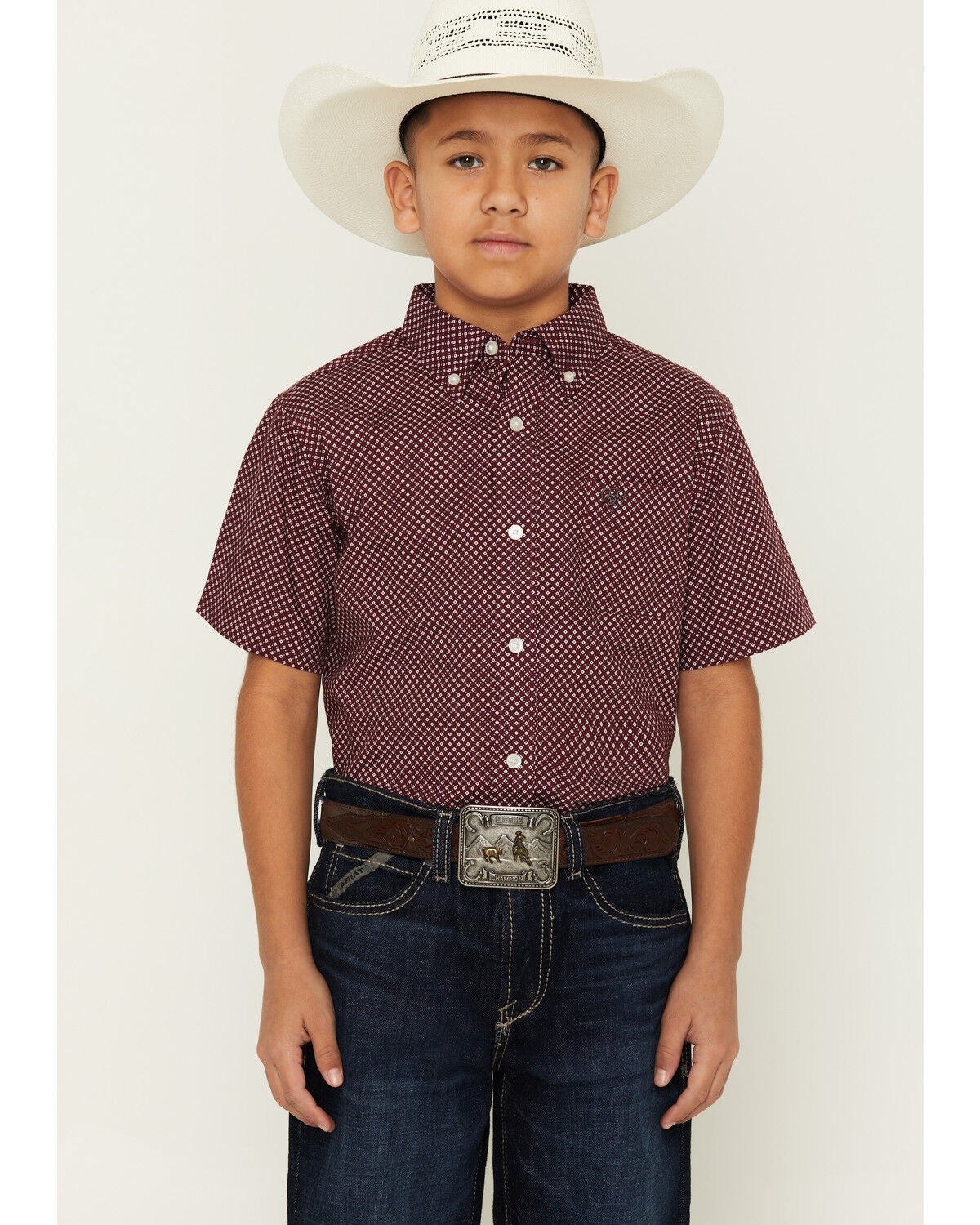 Image #1 - Ariat Boys' Geo Print Short Sleeve Button-Down Western Shirt, Maroon, hi-res