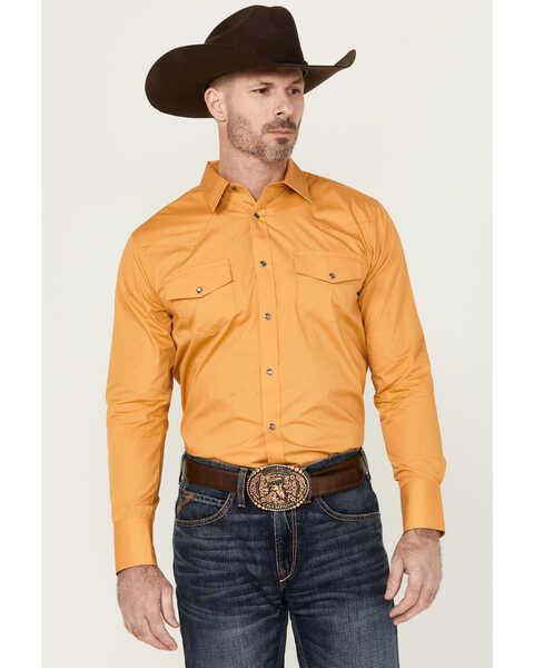 Gibson Men's Solid Long Sleeve Pearl Snap Western Shirt , Gold, hi-res