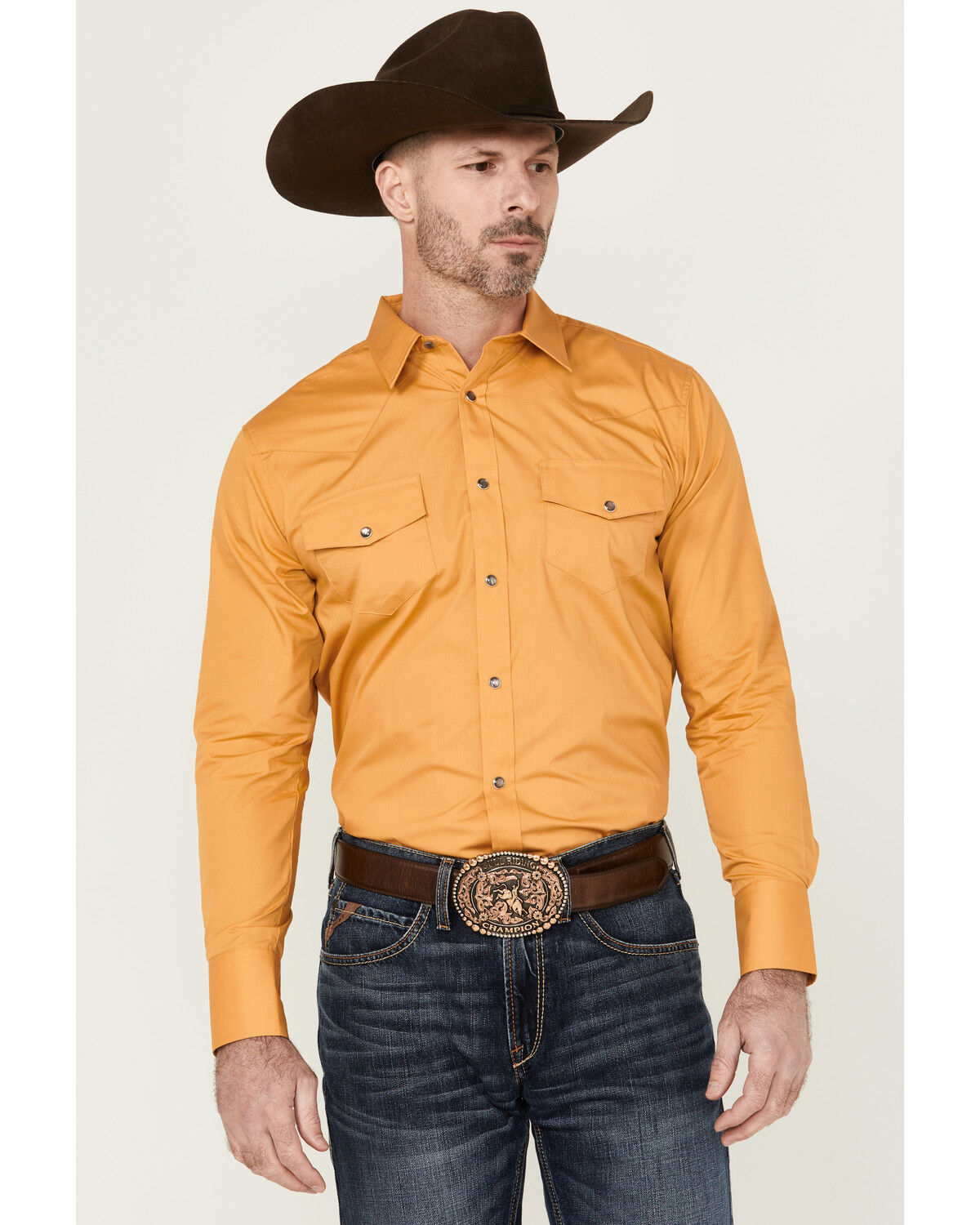 Image #1 - Gibson Men's Solid Long Sleeve Pearl Snap Western Shirt, Gold, hi-res