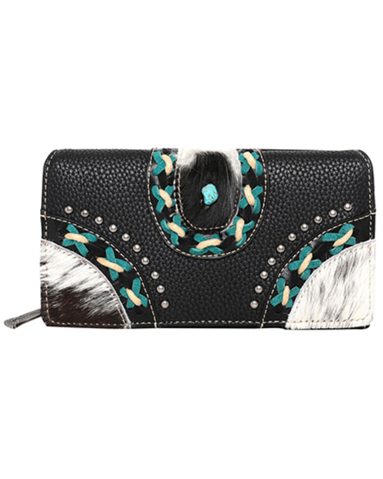 Montana West Women's Studded Hair-On Leather Wallet, Black, hi-res