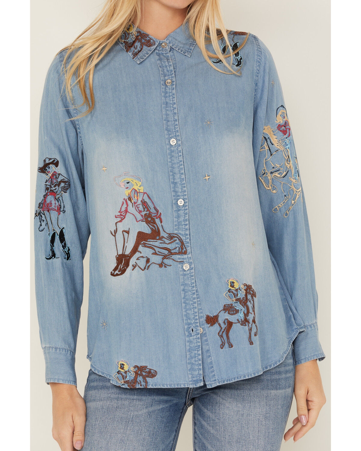 Image #3 - Blue B Women's Cowgirl Embroidered Long Sleeve Button-Down Denim Shirt, Medium Wash, hi-res