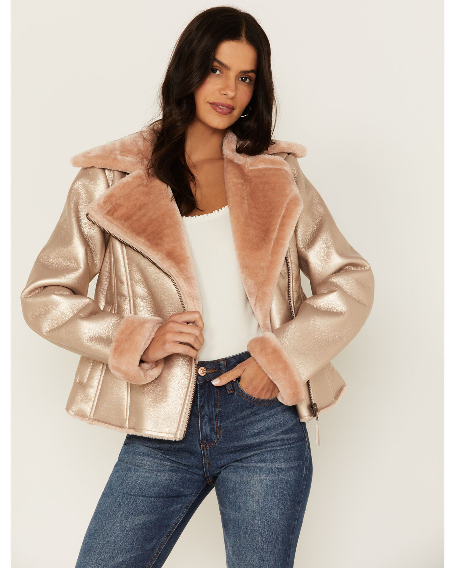 Metallic shearling jacket sale