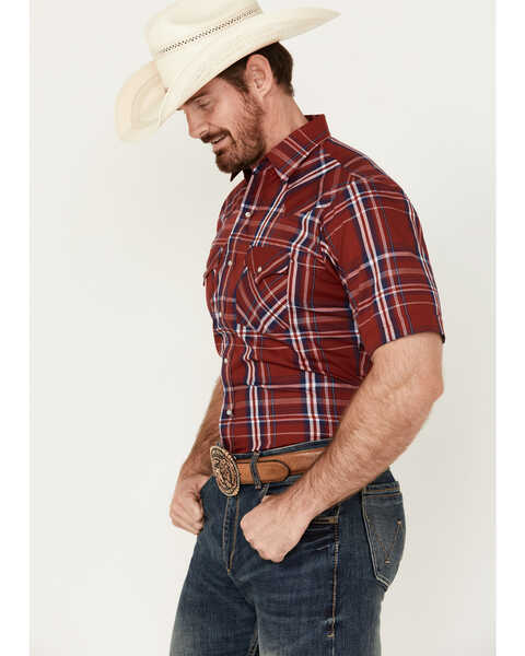 Image #5 - Ely Walker Men's Plaid Print Short Sleeve Pearl Snap Western Shirt , Red, hi-res