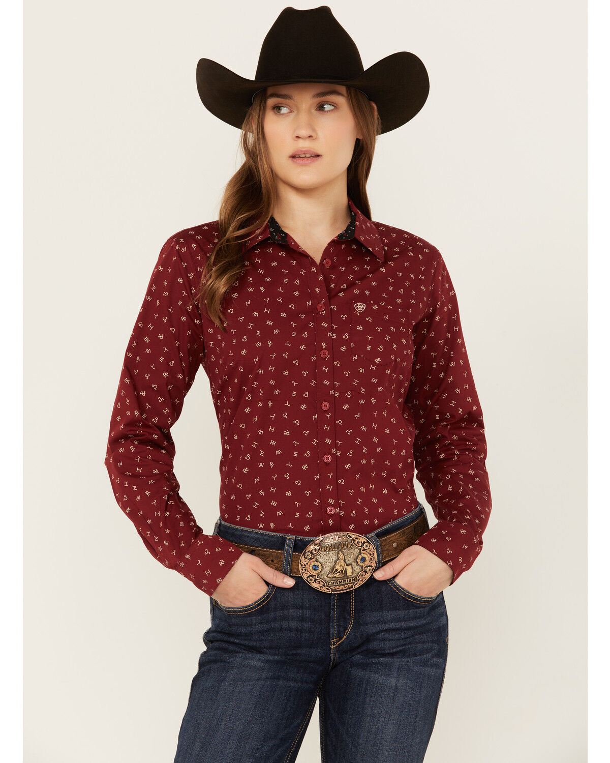 Image #1 - Ariat Women's Conversation Print Long Sleeve Button-Down Western Shirt, Red, hi-res