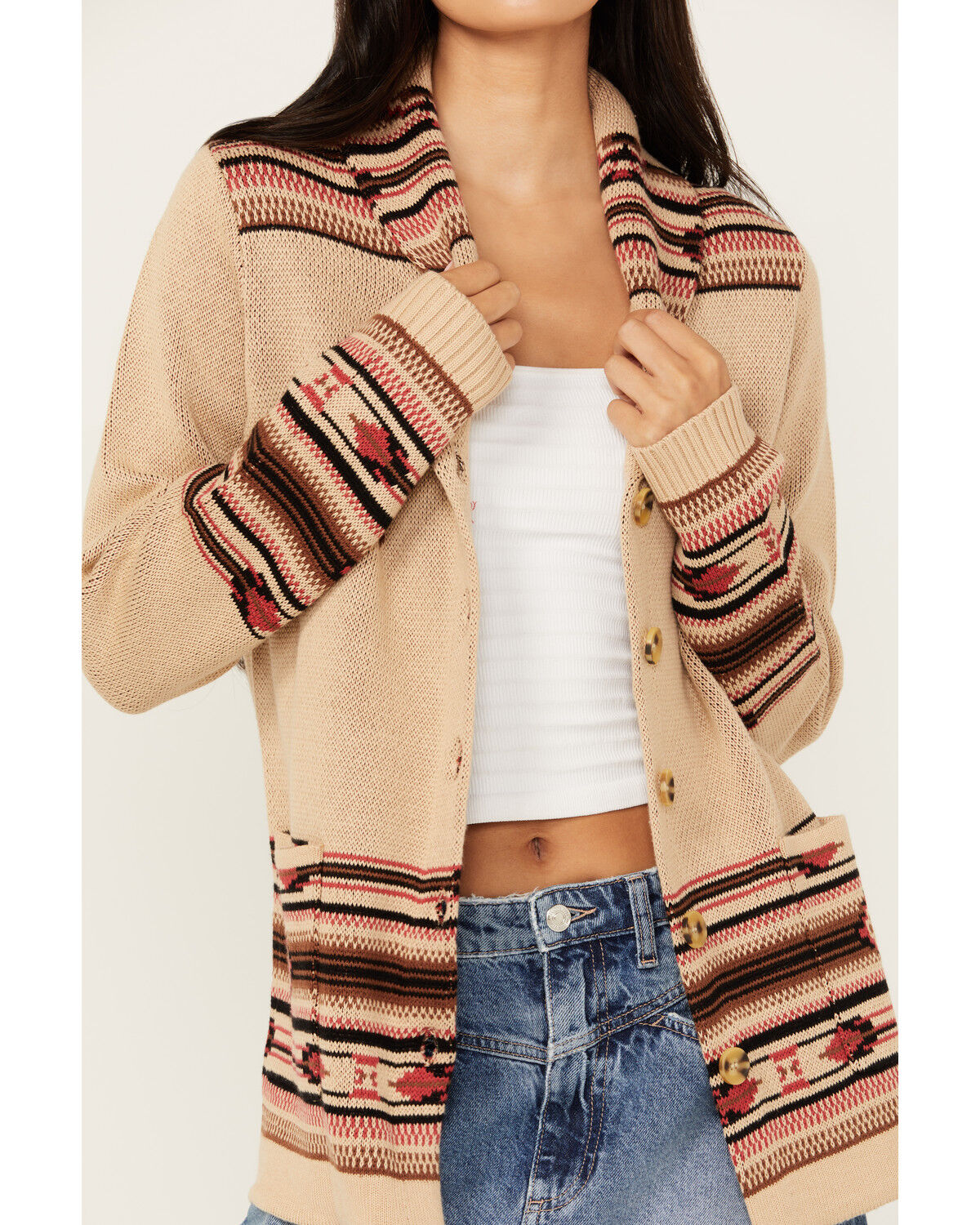 Image #3 - Cotton & Rye Women's Horse Motif Print Cardigan, Tan, hi-res