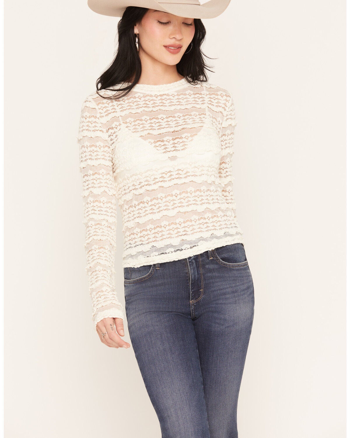 Rock & Roll Denim Women's Lace Ruffle Long Sleeve Top, Cream, hi-res