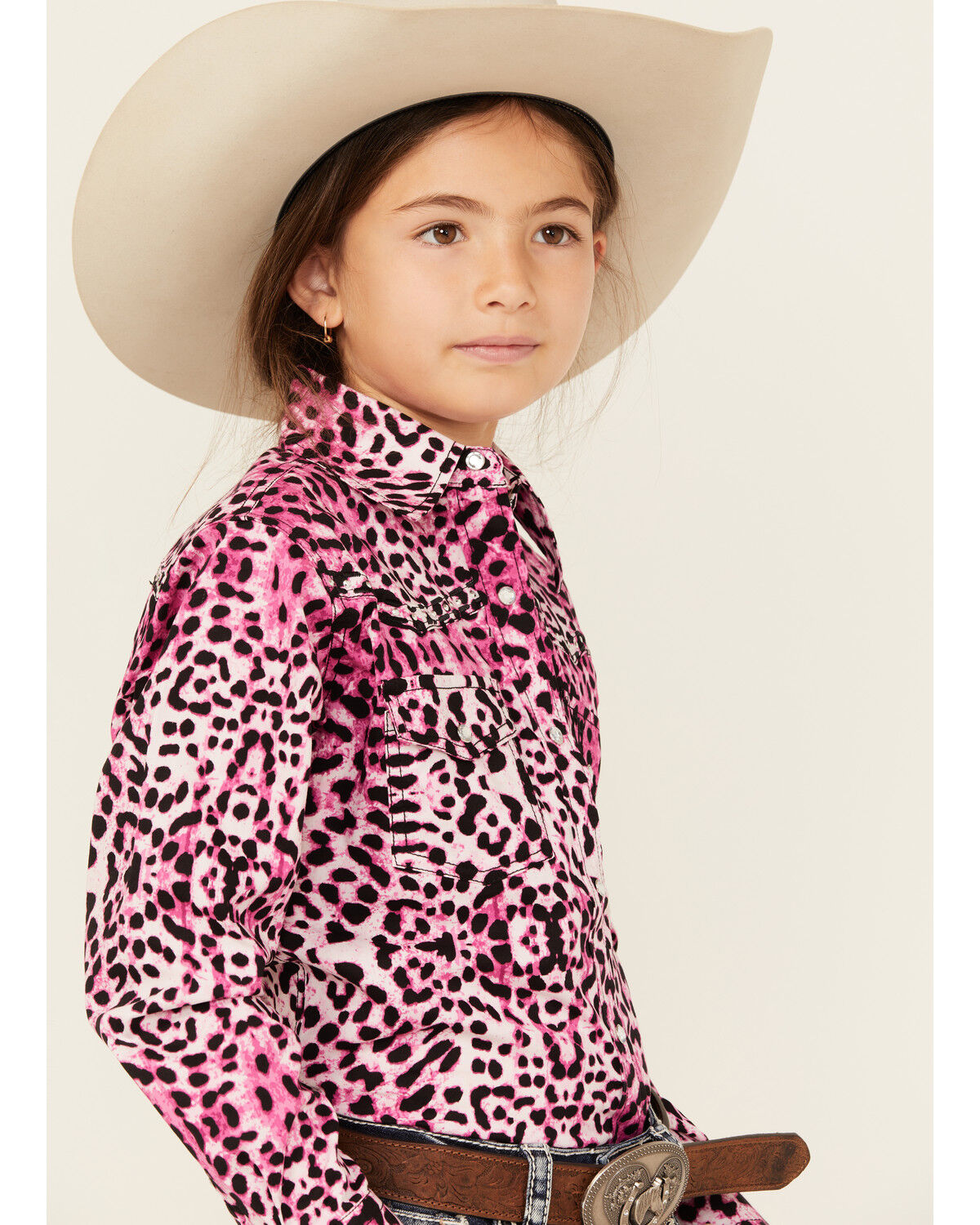 Image #2 - Cowgirl Hardware Girls' Leopard Print Long Sleeve Snap Western Shirt, Pink, hi-res