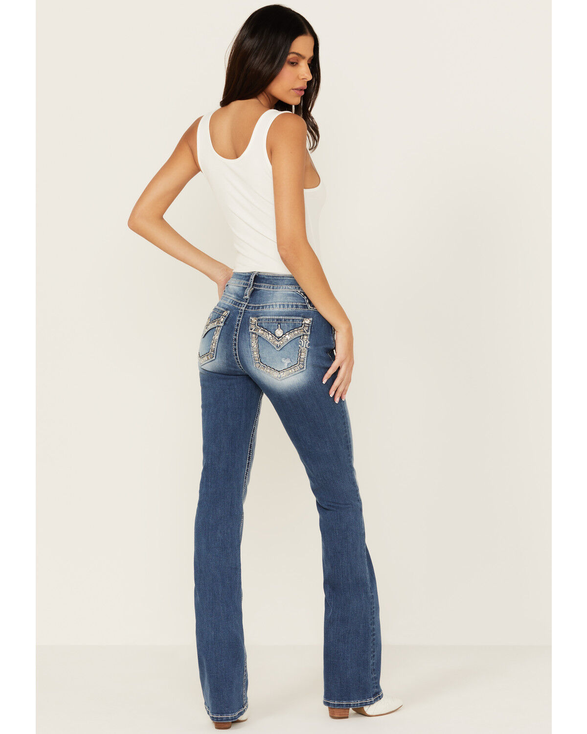Image #1 - Miss Me Women's Medium Wash Mid Rise Border Flap Bootcut Stretch Denim Jeans, Medium Wash, hi-res