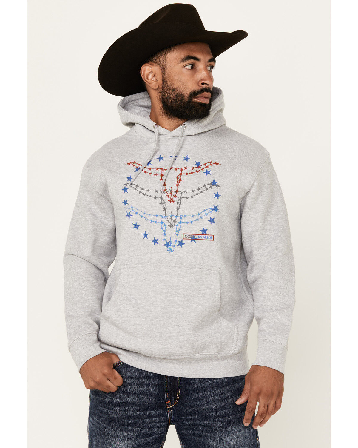 Image #1 - Cody James Men's Barbed Wire Triple Steer Head Hooded Sweatshirt, Light Grey, hi-res