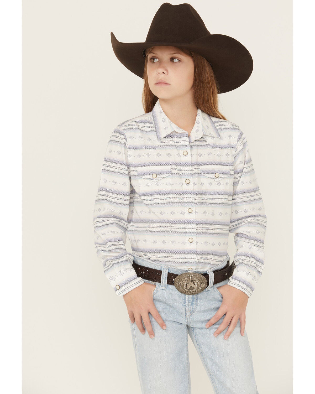 Ariat Girls' Geo Striped Long Sleeve Snap Western Shirt, Navy, hi-res