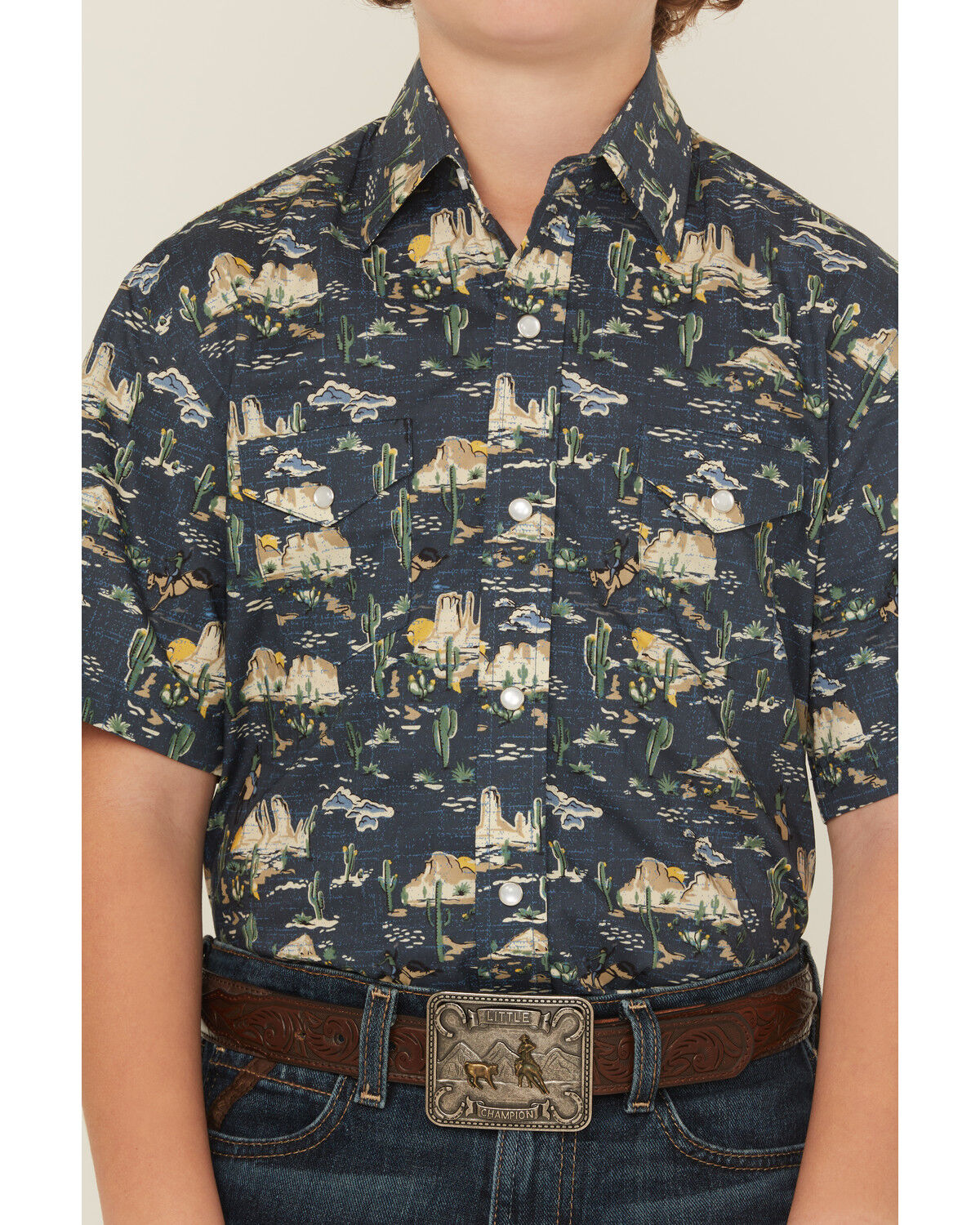 Image #3 - Panhandle Slim Boys' Desert Print Short Sleeve Snap Western Shirt, Navy, hi-res