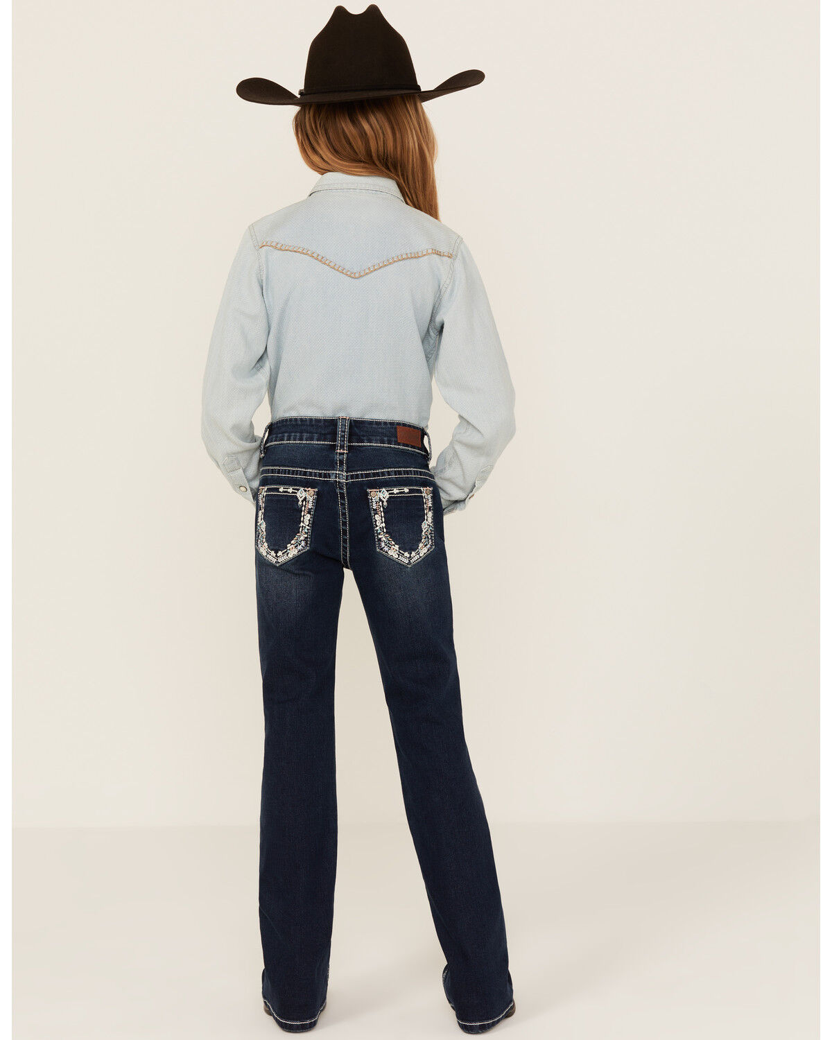 Image #1 - Shyanne Girls' Southwestern Floral Border Pocket Stretch Bootcut Jeans, Blue, hi-res