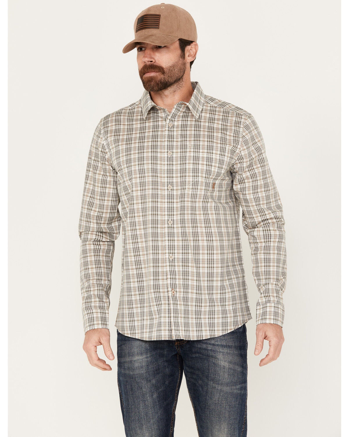 Brothers and Sons Men's Bexar Plaid Print Long Sleeve Button Down Western Shirt, Tan, hi-res