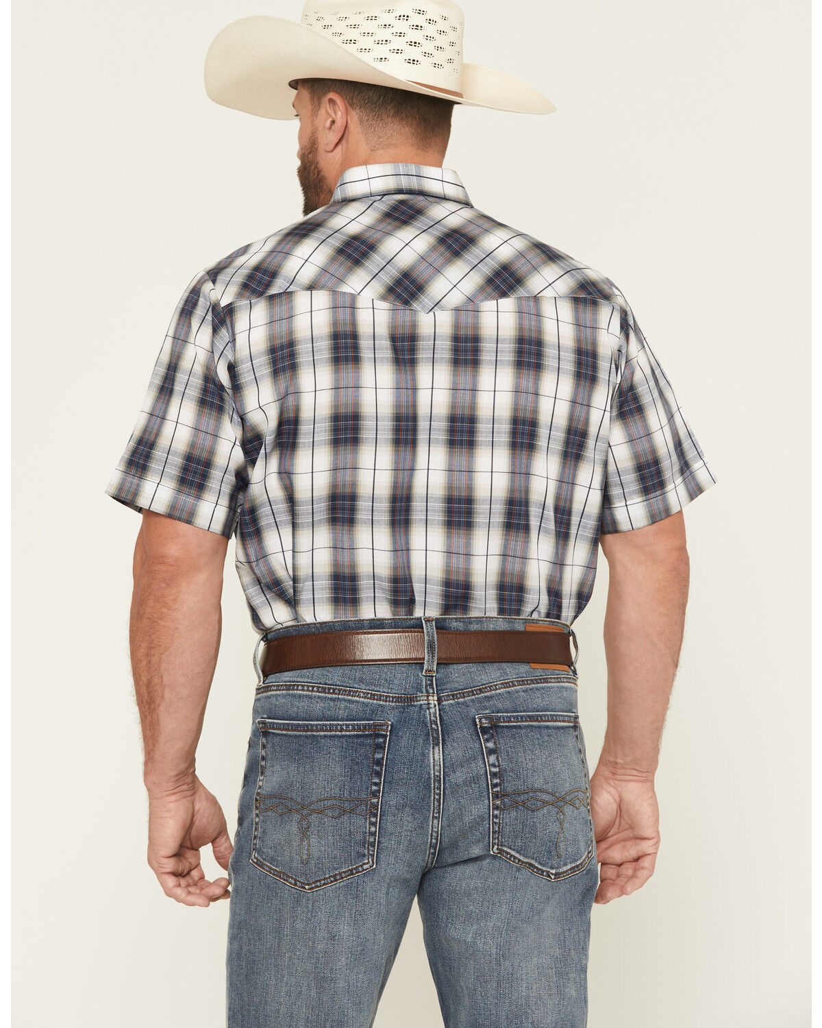 Image #4 - Ely Walker Men's Plaid Print Short Sleeve Snap Western Shirt - Tall, Navy, hi-res