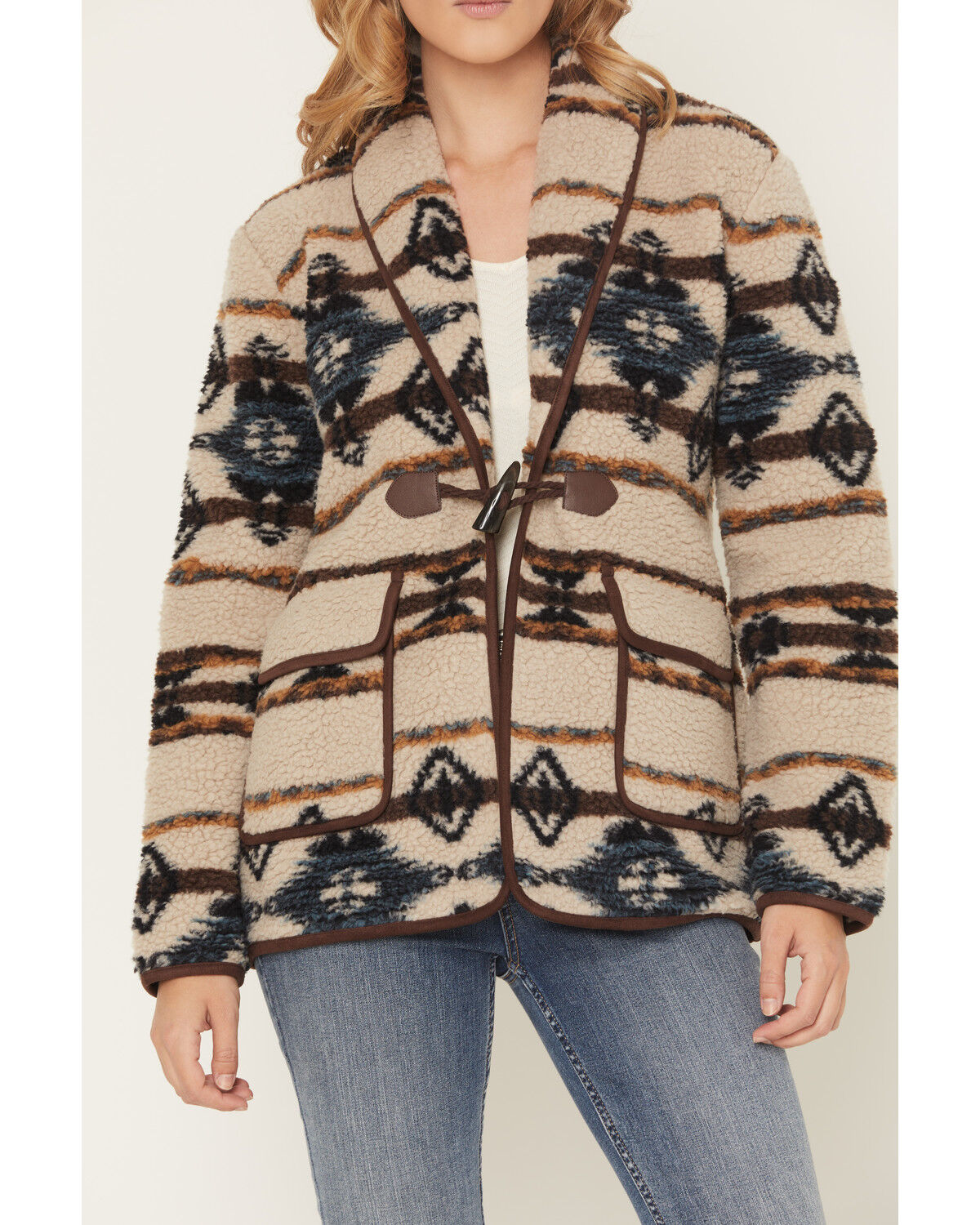 Image #3 - Shyanne Women's Southwestern Print Sherpa Cardigan, Oatmeal, hi-res
