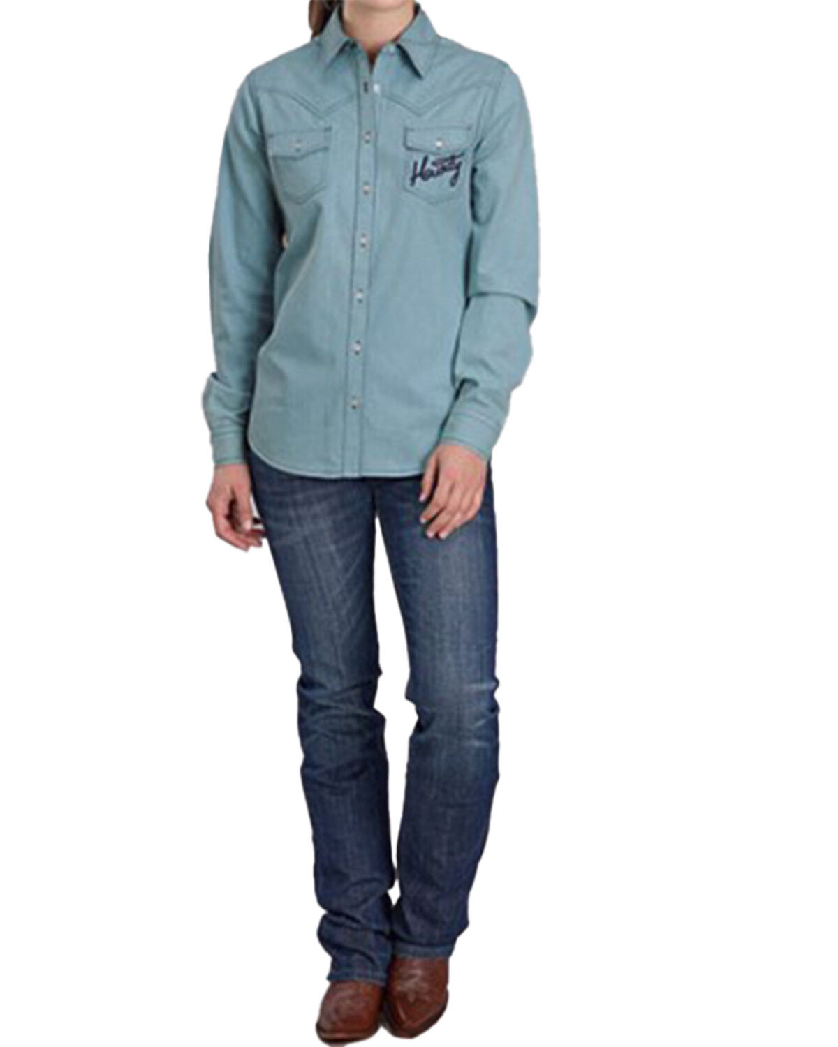 Image #1 - Roper Women's Light Wash Long Sleeve Fringe Button-Down Denim Shirt, Light Blue, hi-res