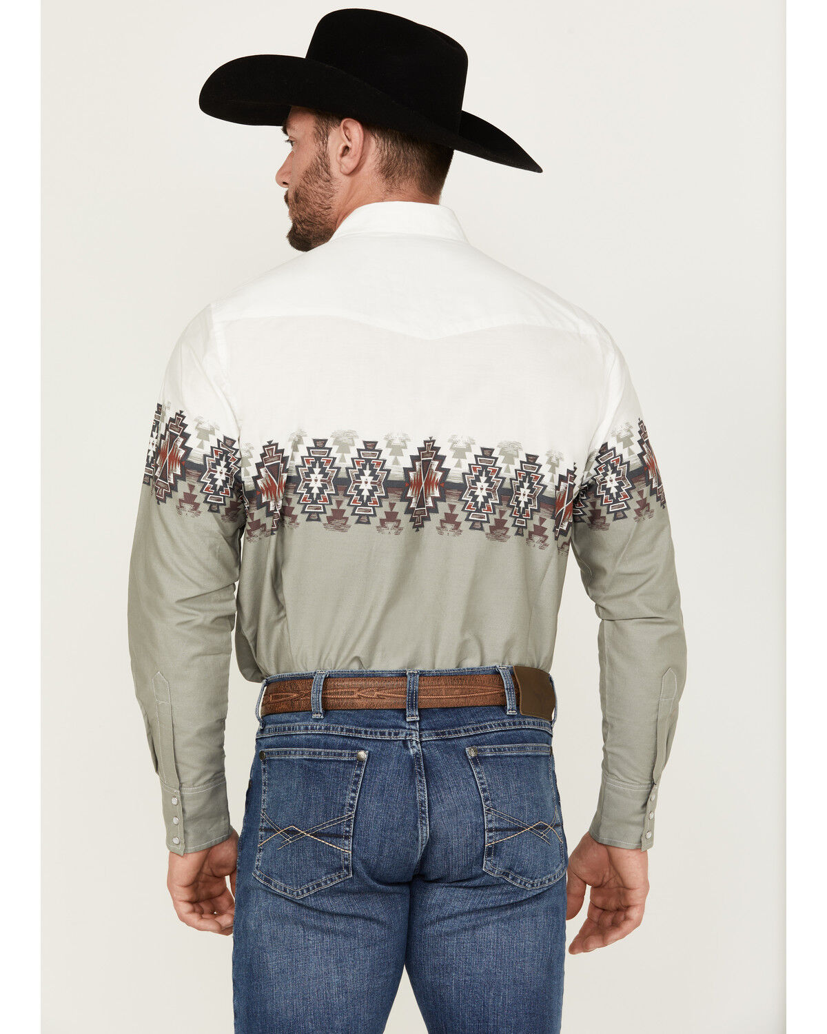 Image #4 - Wrangler Men's Checotah Border Print Long Sleeve Pearl Snap Western Shirt, White, hi-res